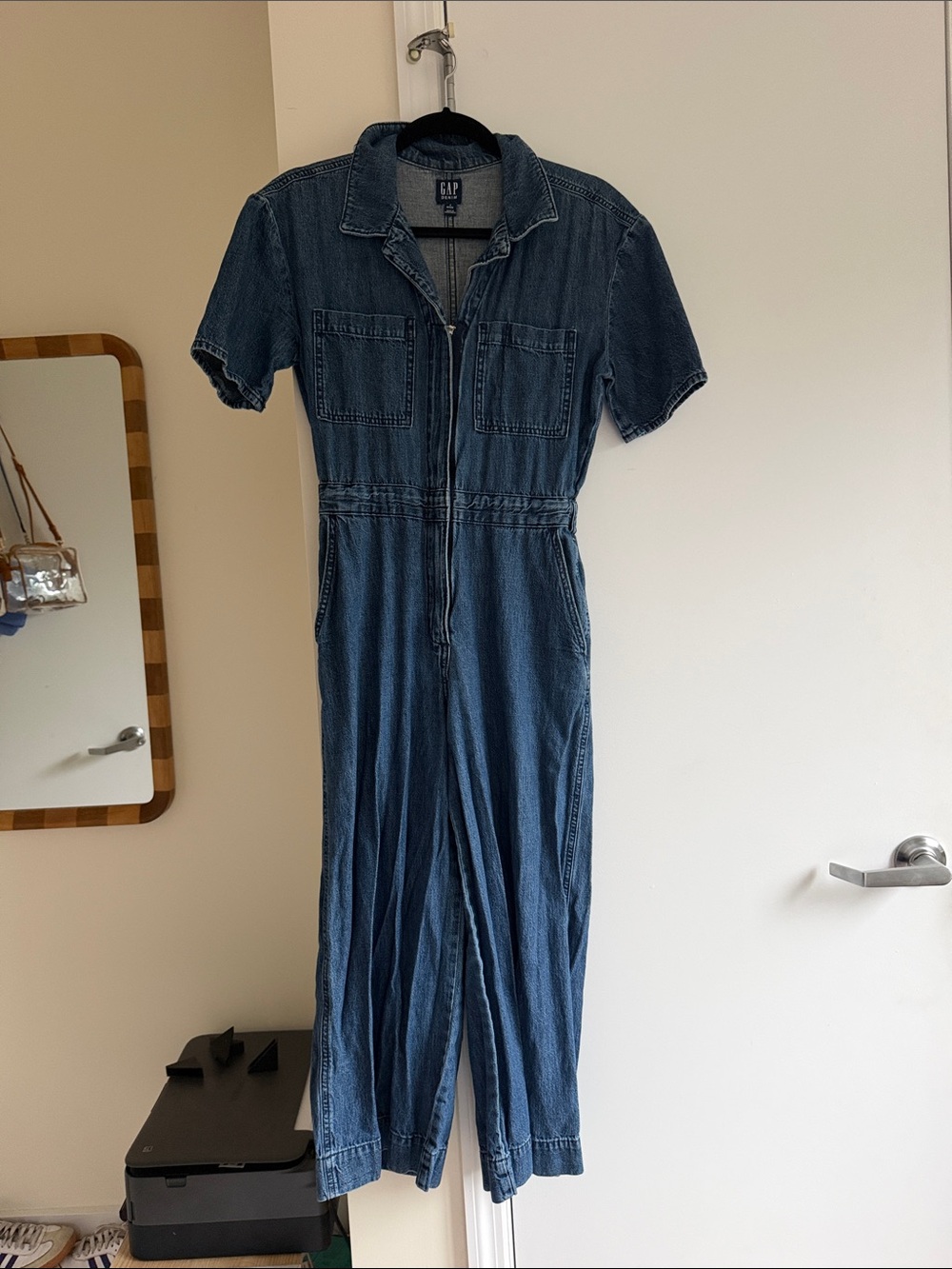 GAP Short-Sleeve Denim Zip-Front Jumpsuit - Blue
